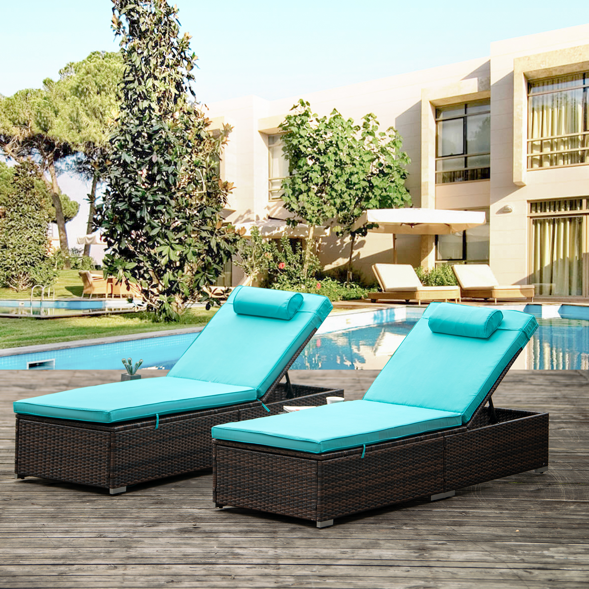 Outdoor PE Wicker Chaise Lounge Set, 2 Piece Garden Adjustable Chaise Lounge, Patio Rattan Reclining Chair Furniture Set, Beach Pool Adjustable Backrest Recliners with Blue Cushions - image 2 of 9