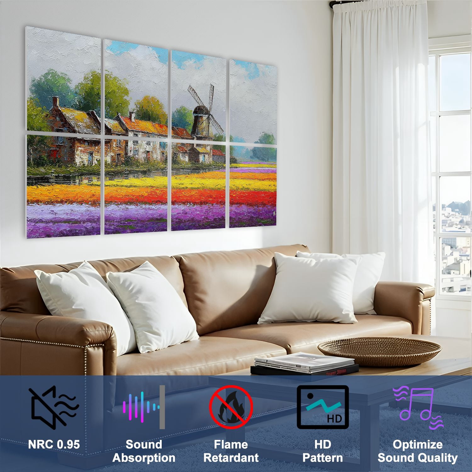 Windmill 8 Pack Art Acoustic Panels Sound Absorbing Vibrant Spring Rain Landscape Windmill Farmhouses Decorative Soundproof Wall Panels Self Adhesive for Nursery Game Room Bedroom 48"x32"
