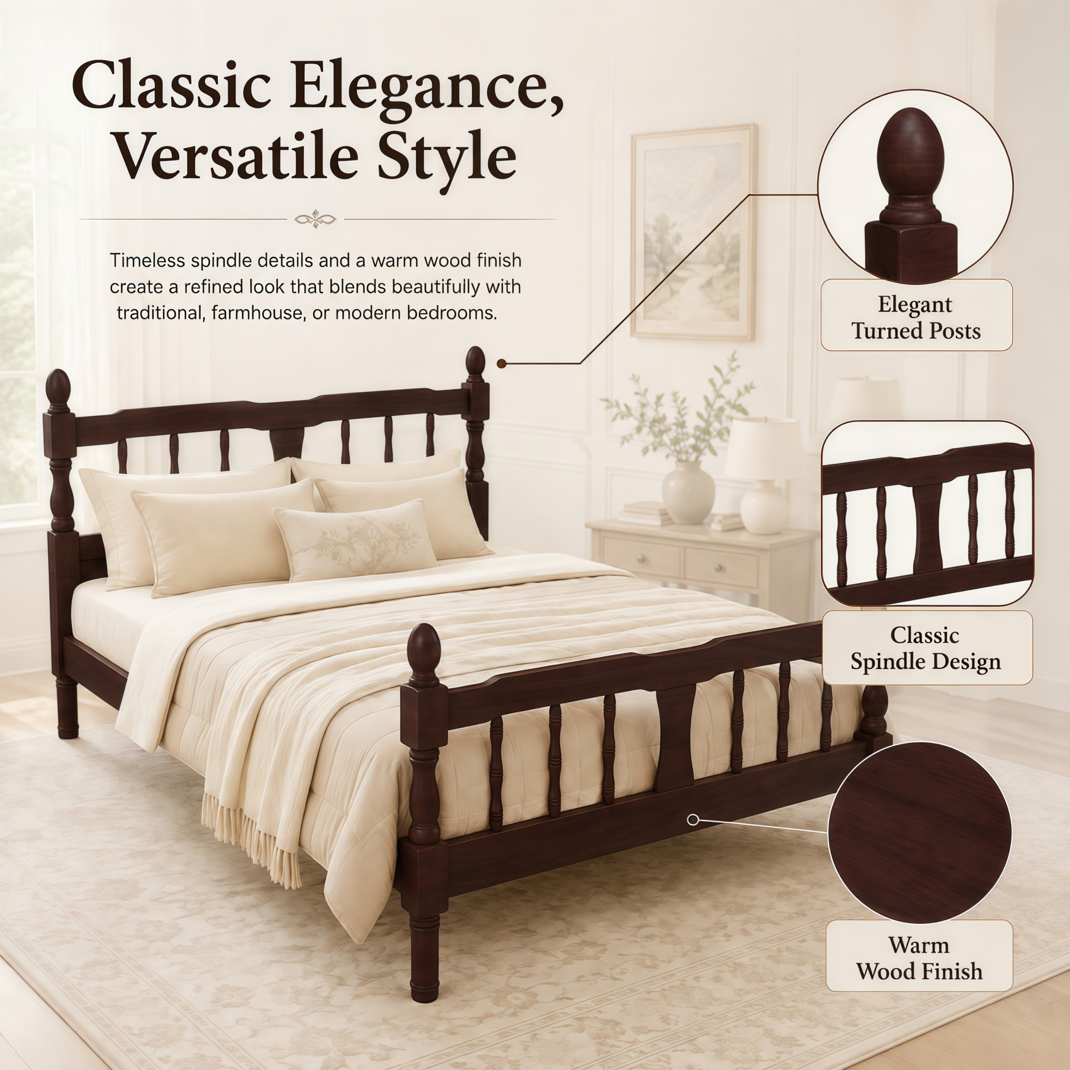 GDF Studio Betty Full Size Wooden Platform Bed Frame with Spindle Headboard, Traditional Farmhouse Style, Dark Walnut