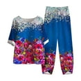 thumbnail image 2 of Mikilon Ensemble Élégant pour Femmes 2 Pcs Coton Lin Imprimé Manches Cinq-Quarts Col Rond + Pantalon Décontracté Bleu L, 2 of 3