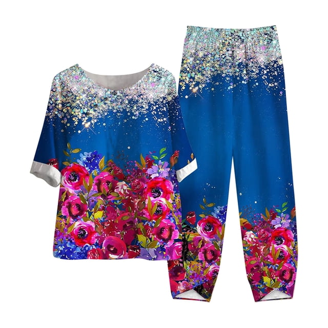 Georges Costumes pour Femmes Élégants Ensemble d'Été Imprimé Manches Courtes Demi-Manches Col Rond Haut Court + Pantalon Décontracté Ensemble Deux Pièces