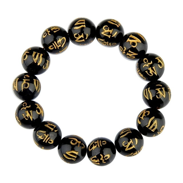 Pulseras de cuentas de oración budista de piedra negra de imitación, brazalete Om Mani Padme Hum para hombres y mujeres