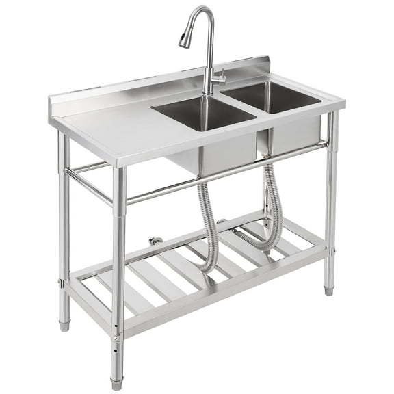 39 x 18 x 40 In Commercial Kitchen Sink with Faucet and Storage Shelves, Freestanding Double Bowl Stainless Steel Utility Sink with Workbench for Restaurant, Garage, Outdoor