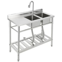 39 x 18 x 40 In Commercial Kitchen Sink with Faucet and Storage Shelves, Freestanding Double Bowl Stainless Steel Utility Sink with Workbench for Restaurant, Garage, Outdoor