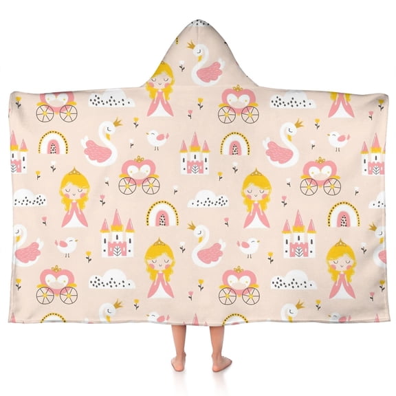 Cute Princess Castle Pattern Hooded Bath Towel,50"x30" for Ages 3 To 12 Kids, Quick Dry Lightweight Soft Microfiber Hood Beach Towel Cover Up for Kids