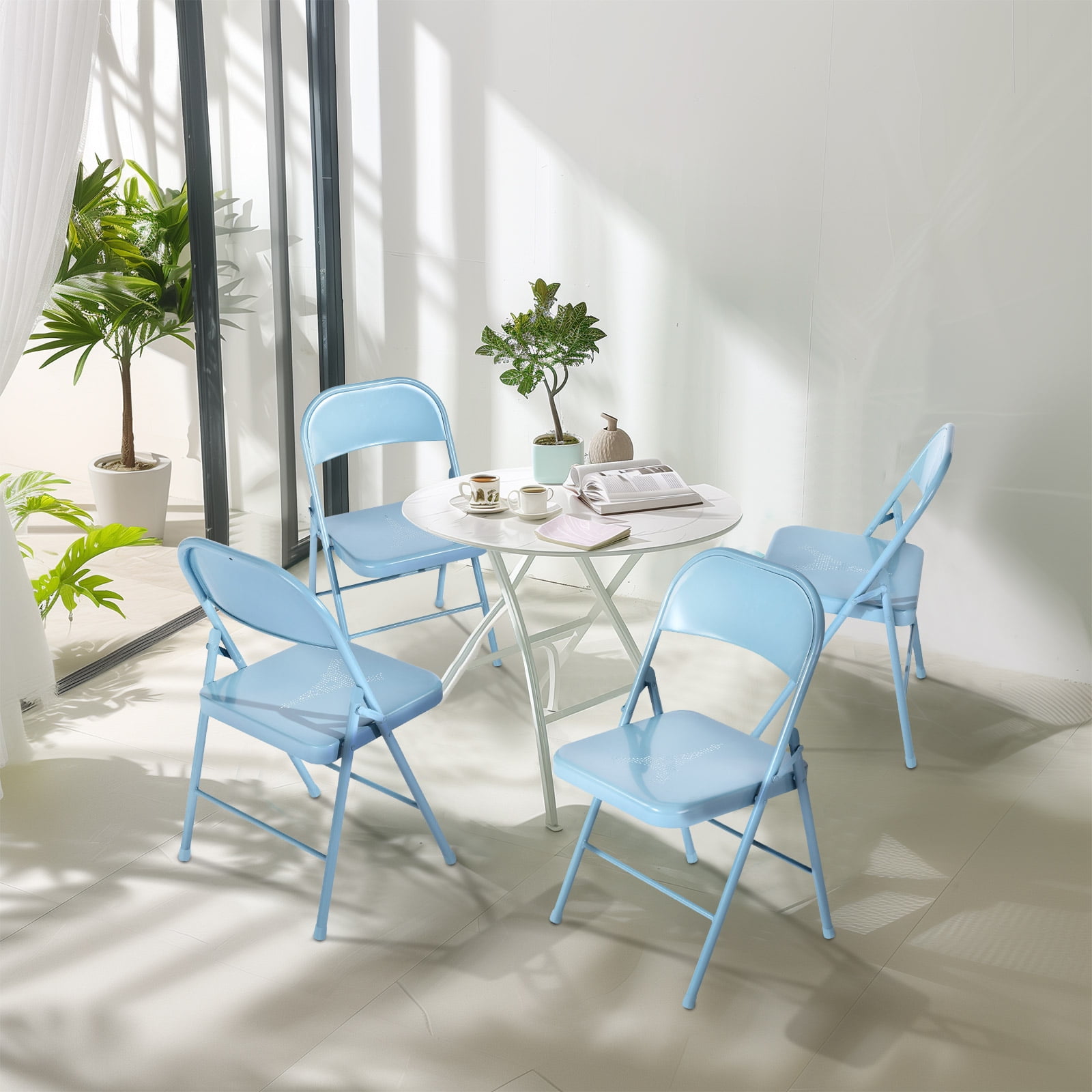 Homy Casa Metal Folding Chairs 4 Pack Portable for Wedding Party Picnic Home Office Pale Blue