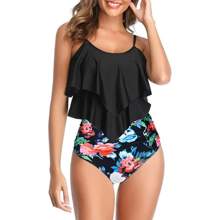 

Raeneomay Swimsuit Women Discount Clearance High Waisted Swimsuit Two Piece Ruffled Flounce Top With Ruched Bottom