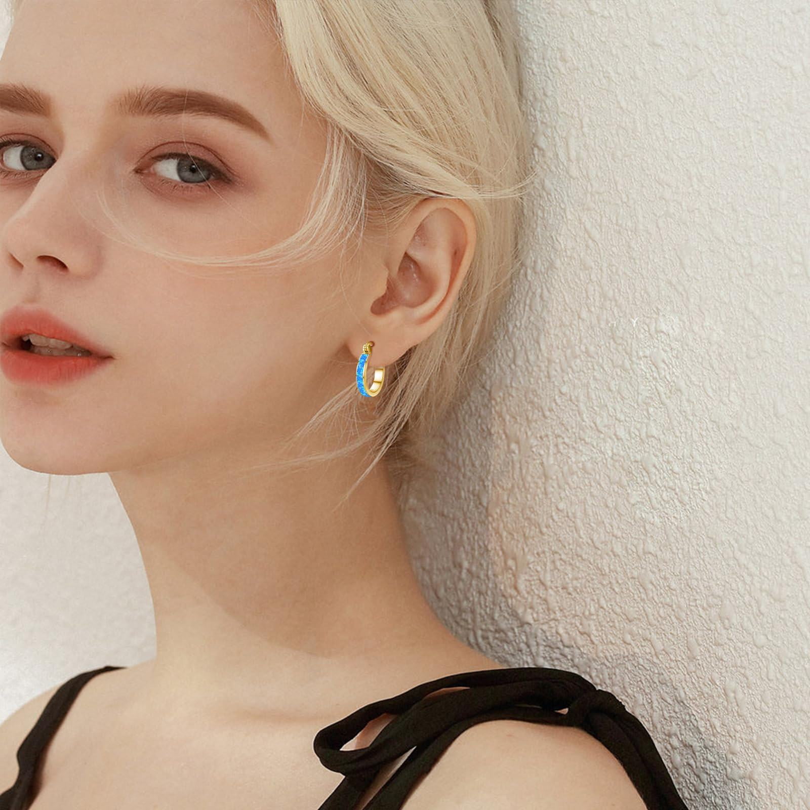 Coachuhhar Opal Hoop Earrings for Women 925 Sterling Silver Hypoallergenic Huggie Earrings Tiny Cartilage Earrings Mini Hoops Earrings Small Earrings Opal Jewelry for Mother's Day