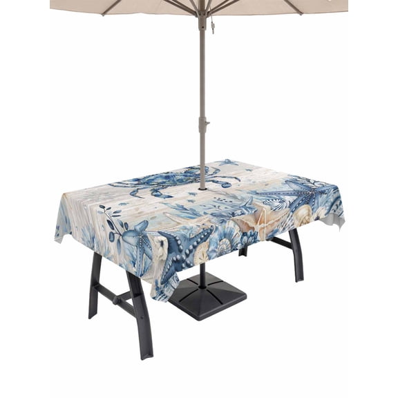 Outdoor Tablecloth with Umbrella Hole for Patio/Picnic/Party/Camping, Blue Crab Coastal Waterproof Table Cloth Rectangle Table Cover Washable, Beach Starfish Nautical Coral Vintage (60"x 102")