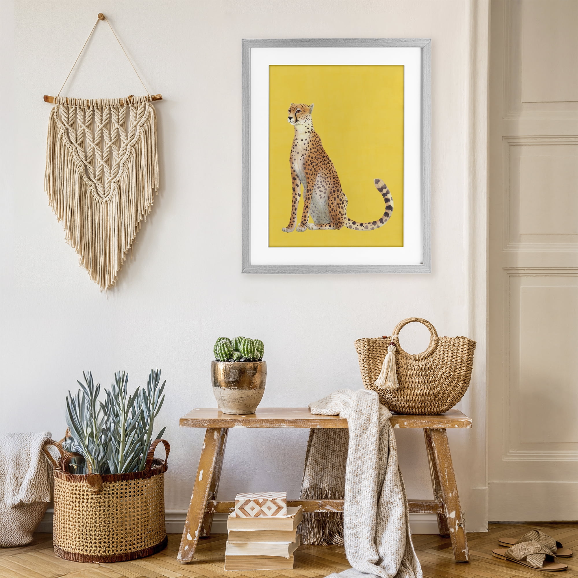 Stupell Industries Cheetah on Vibrant Yellow Gray Framed Print Under Glass, design by Karolina Sato