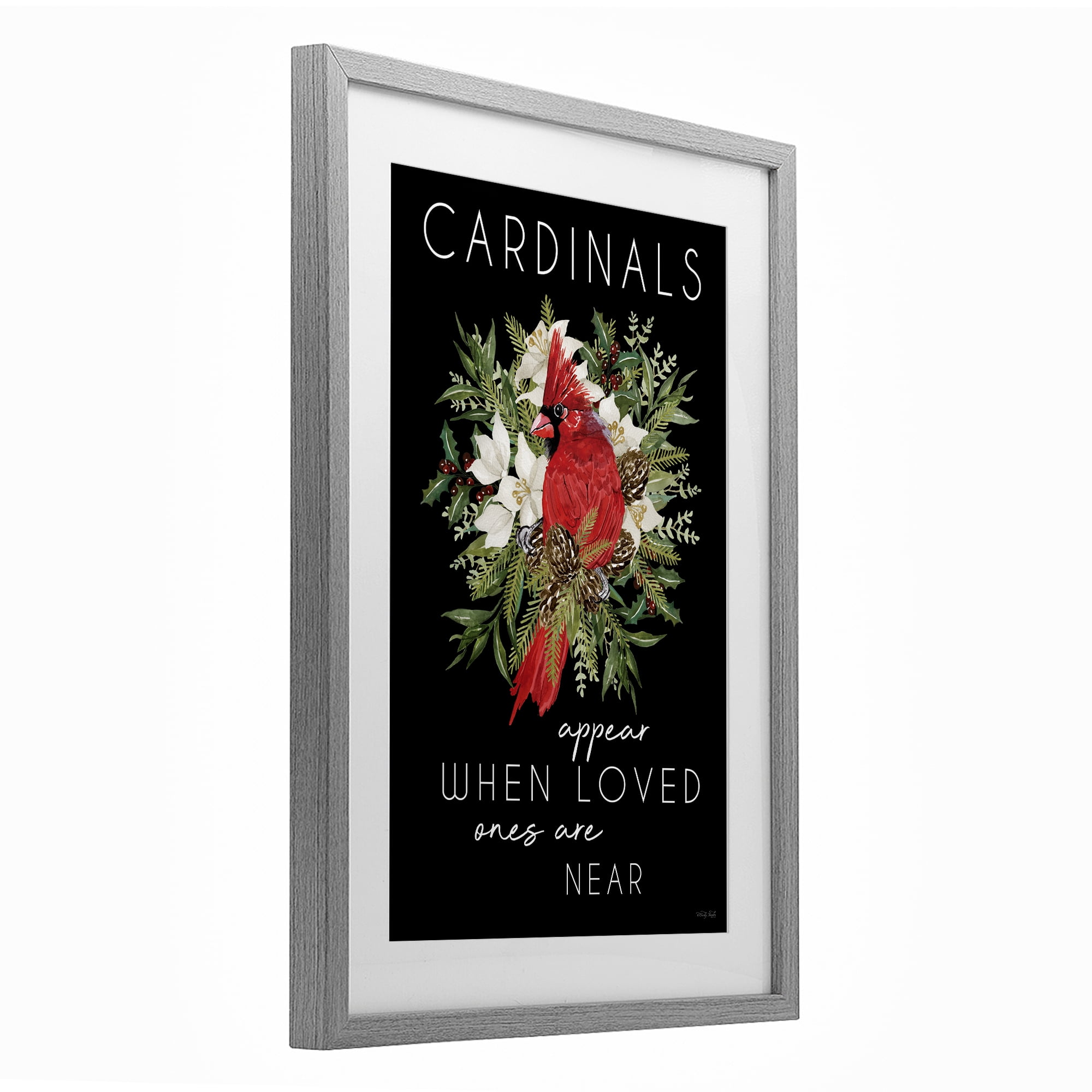 Cardinals Appear Seasonal Sentiment Gray Framed Print Under Glass, design by Cindy Jacobs