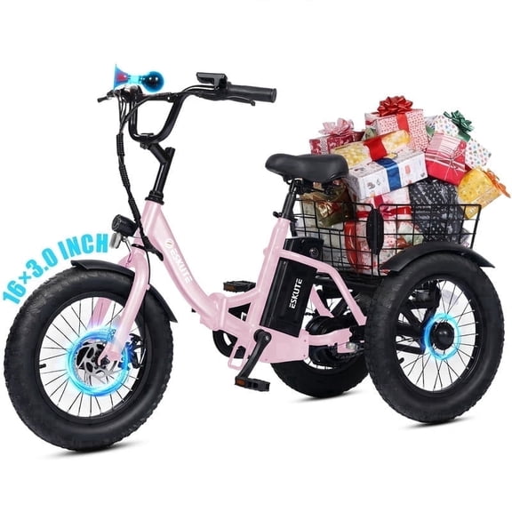 T300mini Electric Tricycle for Beginners, 16" x 3.0 Fat Tire Folding 3-Wheel E-Bike, 500W Peak Motor, 302Wh Battery, Step-Thru, 12.5 MPH, Pink