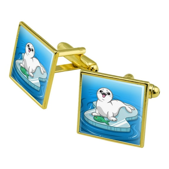 Cute Harp Seal Pup on Ice with Fish Square Cufflink Set - Silver or Gold