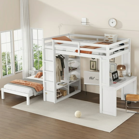 Full XL/Full over Twin Bunk Bed with Dismountable Lower Bed and Desk, Solid Wood Bunk Beds Frame with Built-in Shelves and Wardrobe, Can be Converted into Loft Bed, White