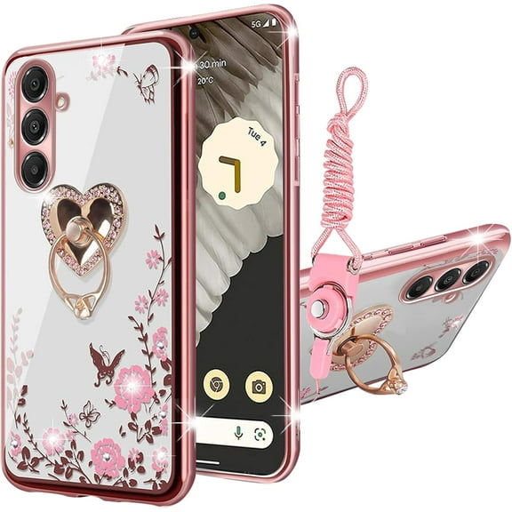 nancheng for (6.7-inch) Samsung Galaxy A16 5G Phone Case Cute Girls Women Soft Silicone Pink Case with Ring Holder Shockproof Protection Cover - Rose Butterfly