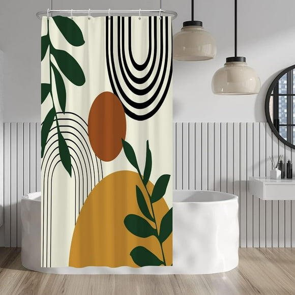 Rideau de Douche Bohème Mi-Siècle Feuilles de Soleil Moderne Abstrait Géométrique Esthétique Rétro Design Minimaliste pour une Salle de Bain Unique Tissu Imperméable avec Crochets s'Adapte aux Baignoires Standard