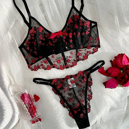 Women s Lingerie  See Through Lingerie  Women Lingerie Sexy Sets with Underwire Lace Bra and Panty Set Push Up Two Pieces Lingerie  Corsets Bodysuits Sheer Mesh Bustier  Black and Red(L)
