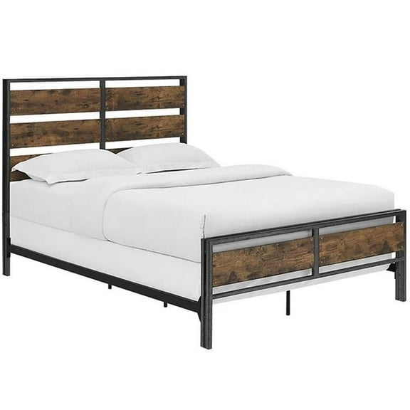 Pemberly Row Queen Metal and Wood Plank Panel Bed in Brown