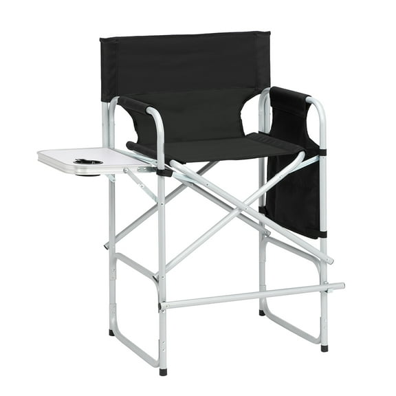Tall Director Chair for Seniors & Makeup Artists, Folding Chair with Side Table, Side Pocket & Cup Holder, Portable for Camping, Fishing & Events, Black