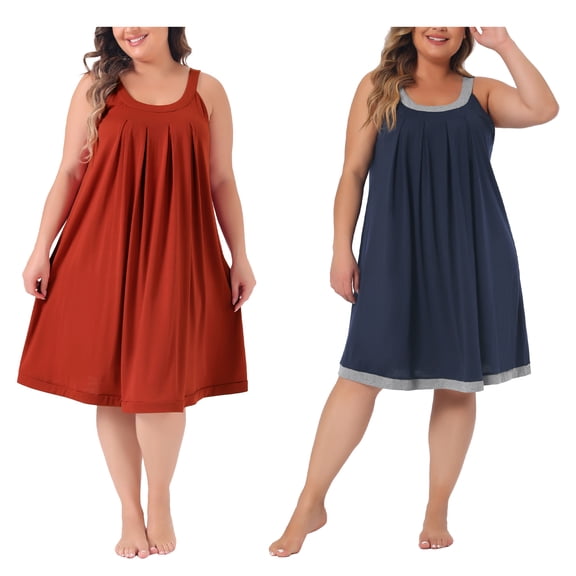 NOMADIC NOOK Women's Plus Size 2-Pack Nightgown Set Sleeveless Pleated Sleepshirt with Wide Straps Soft Scoop Neck Sleepwear 1X Red/Dark Blue