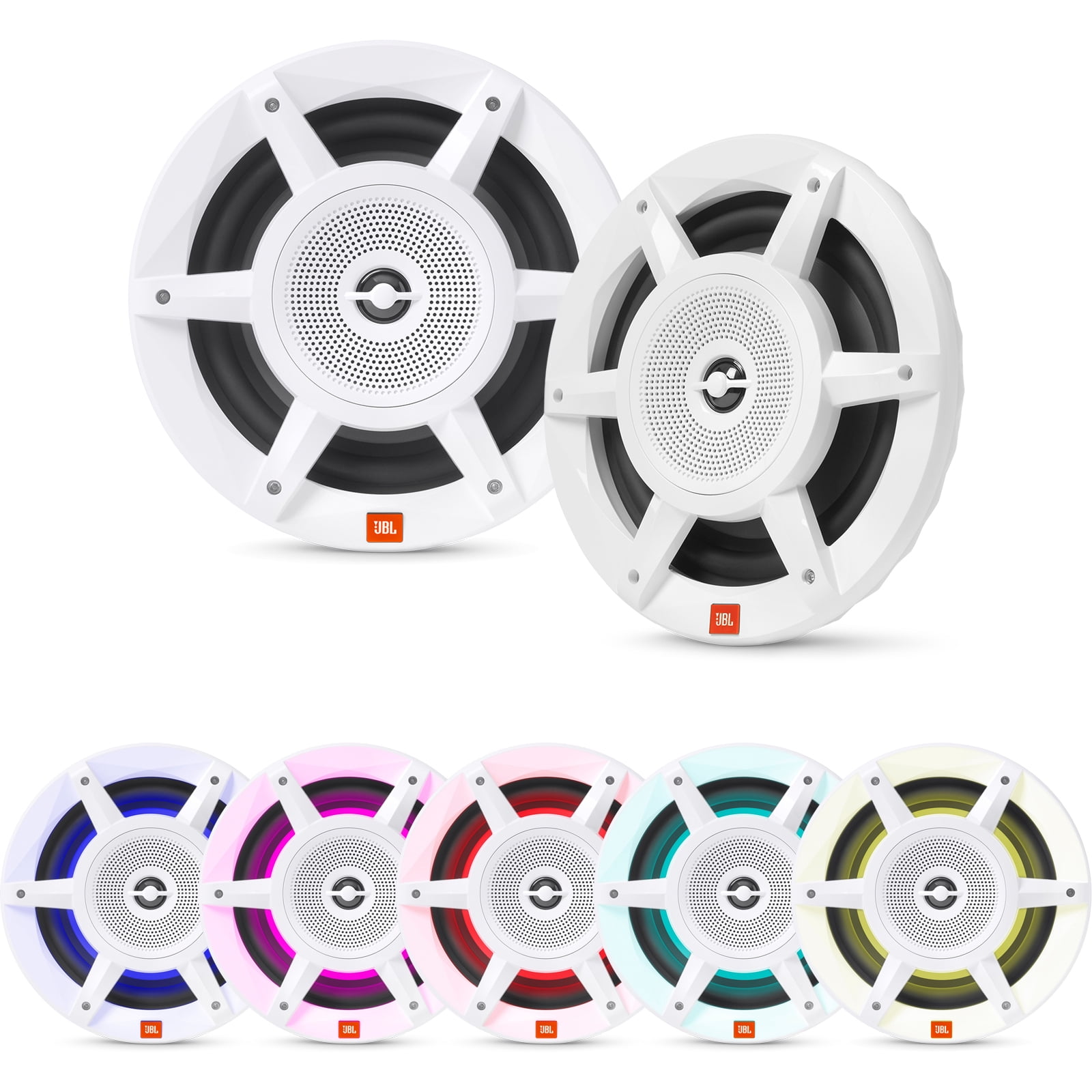 One Pair (QTY 2) Of JBL Stadium Marine MW8030 8" 500 Watts Max Power 3-Way Convertible White Marine Audio Speakers with MultiColor RGB LED Lighting (Bulk Packaging), 20 Feet 16 Gauge Speaker Wire