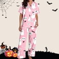 thumbnail image 5 of Likimi Halloween Pajamas For Women Set Lapel Button Down Hallowmas Ghost Print Short Sleeve Pjs Tops With Pants For Party Fashionable Homewear Pink Size L, 5 of 7