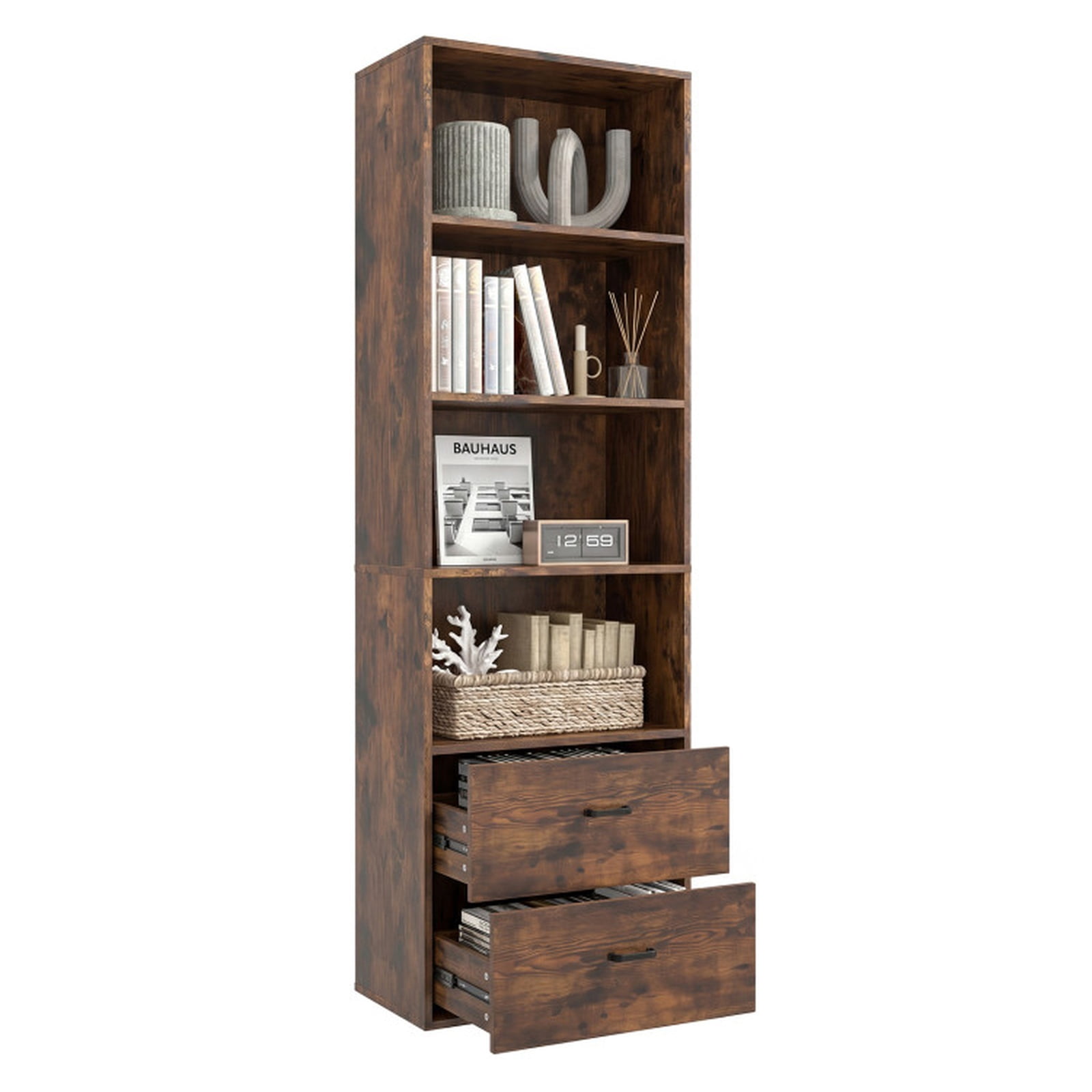Furnibear 6-Tier Tall Freestanding Bookshelf with 4 Open Shelves and 2 Drawers for Home Office Living Room and Study, Rustic Brown