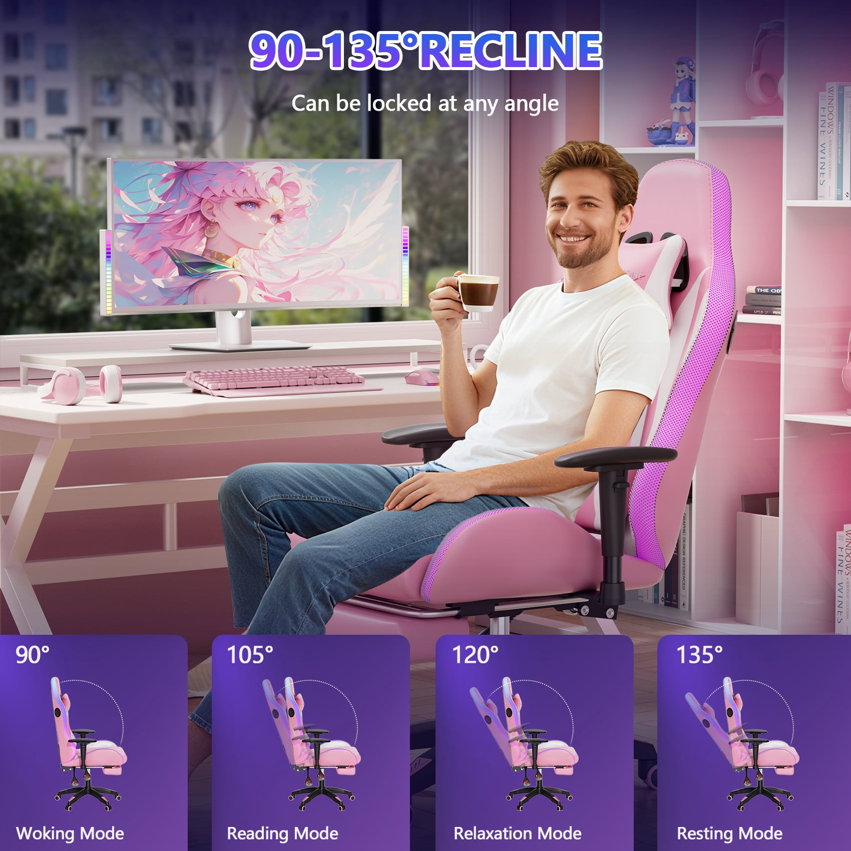 Mr IRONSTONE Gaming Chair for Adults, 7 Point Massage Computer Chair with Bluetooth Speakers RGB, Heavy Duty 400lbs Ergonomic PC Chair with 3D Armrests Footrest, Pink/White