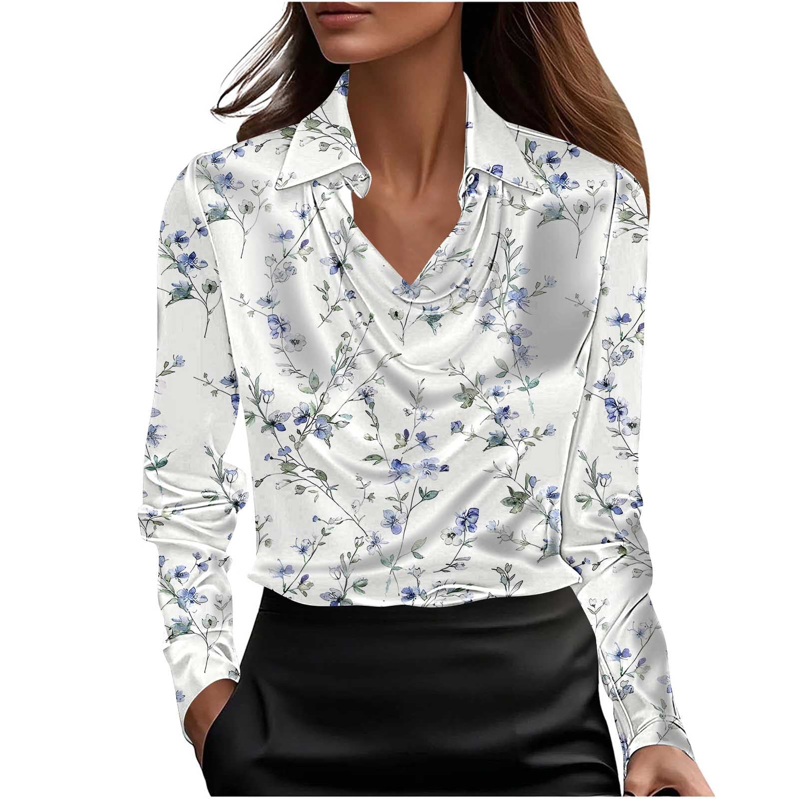 Women Fall Clothes Womens Long Sleeve Satin Top Cowl Neck Blouses Lapel Neck Shirt Floral Print Blouse New Arrivals My Items