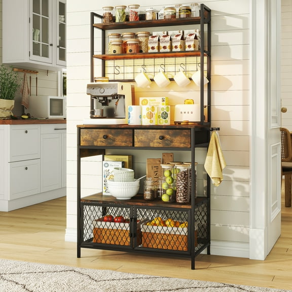 ChVans 64.4" Bakers Rack with LED light & Power Outlets, 5 Tier Microwave Stand with Storage Cabinet and Drawers