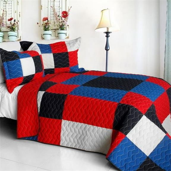 Eternal Passion - Vermicelli-Quilted Patchwork Geometric Quilt Set  Full & Queen Size - Red