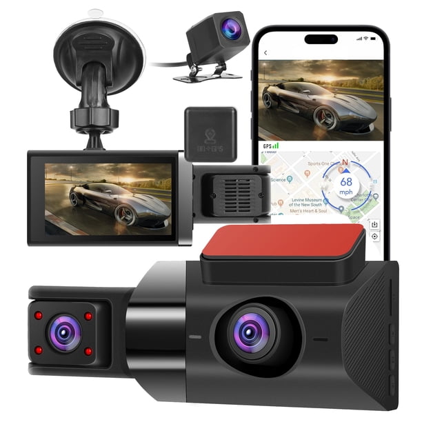 DVR para coche Dash Cam TeqHome de 3 canales 2K con gran angular de 140°