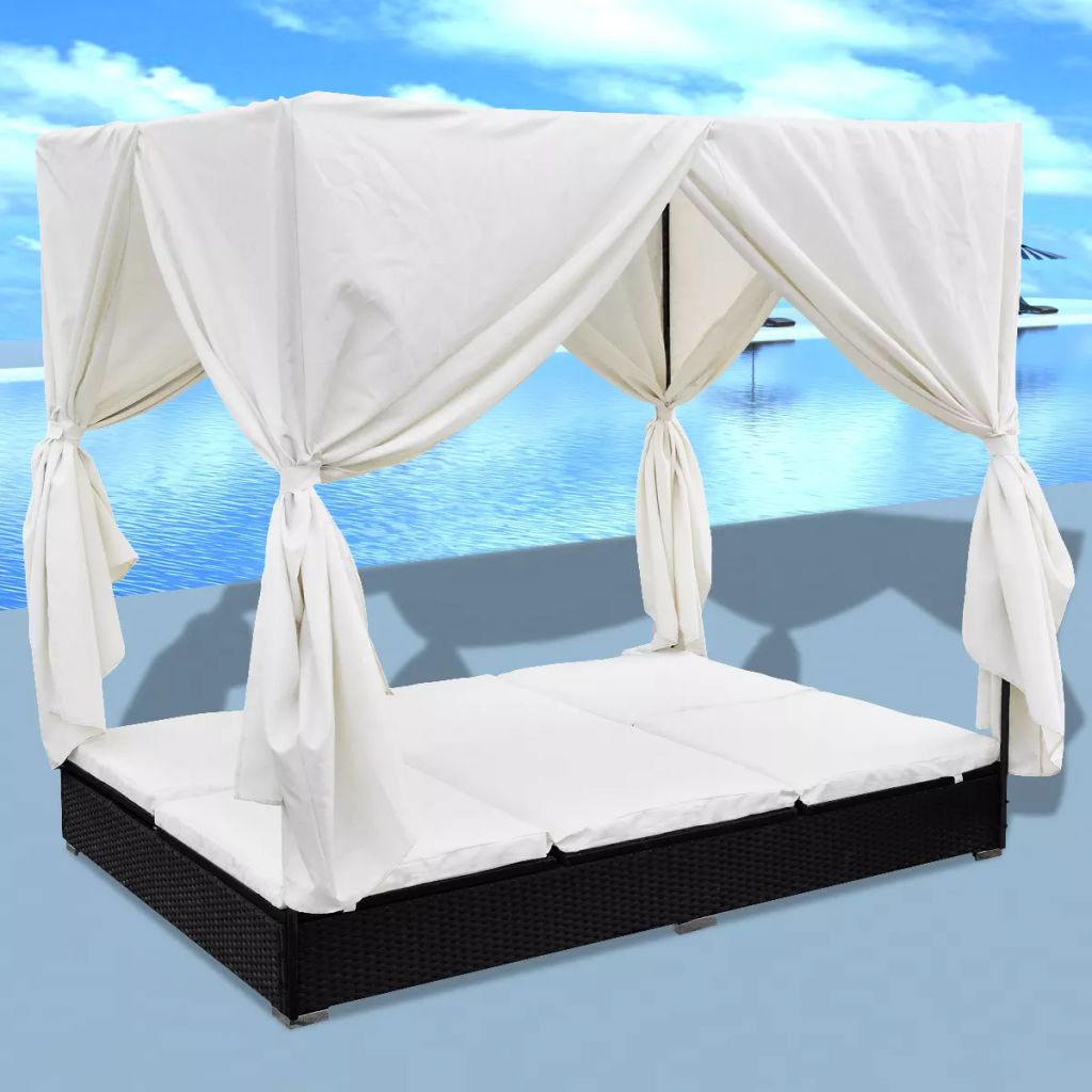 2-Person Sun Lounger with Curtains Patio Chaise Lounges Sunbed Outdoor Sofa bed Garden Furniture Weather-Resistant & Waterproof PE Poly Rattan Removable & Washable Cushion Black - image 2 of 11