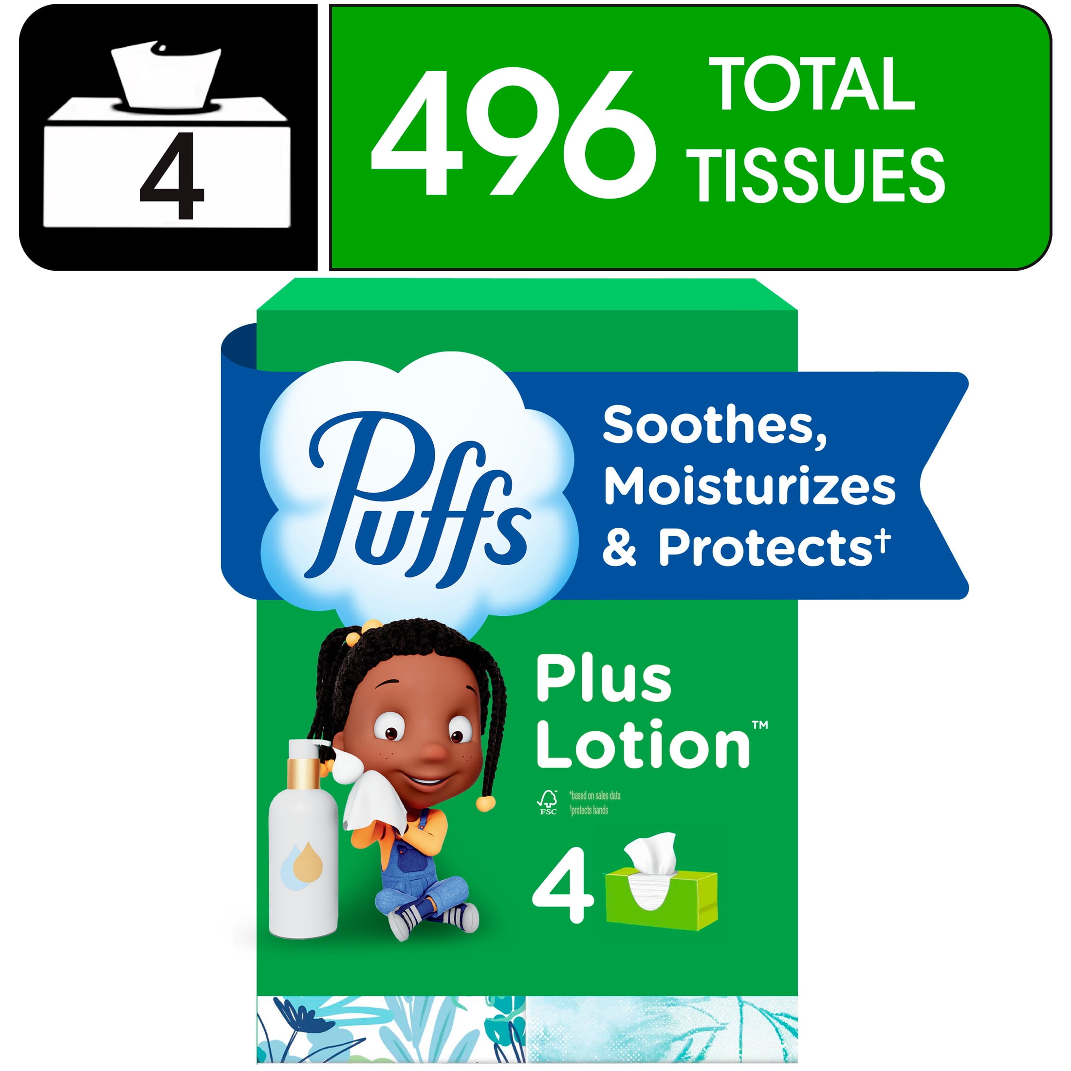 (6 pack) Puffs Plus Lotion Facial Tissues, 4 Family Boxes, 124 tissues per box