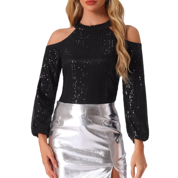 Tops de lentejuelas INSPIRE CHIC para mujeres, blusas de brillo con mangas largas y hombros al aire para fiestas