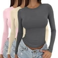 thumbnail image 2 of Ladies Tops and Blouses 3 Pieces Women Y2k Basic Long Sleeve Top Slim Baby Tee Round Neck Dupe Crop Layering Slim Top Blouse Aesthetic Streetwear Long Sleeve T shirt Women, 2 of 6