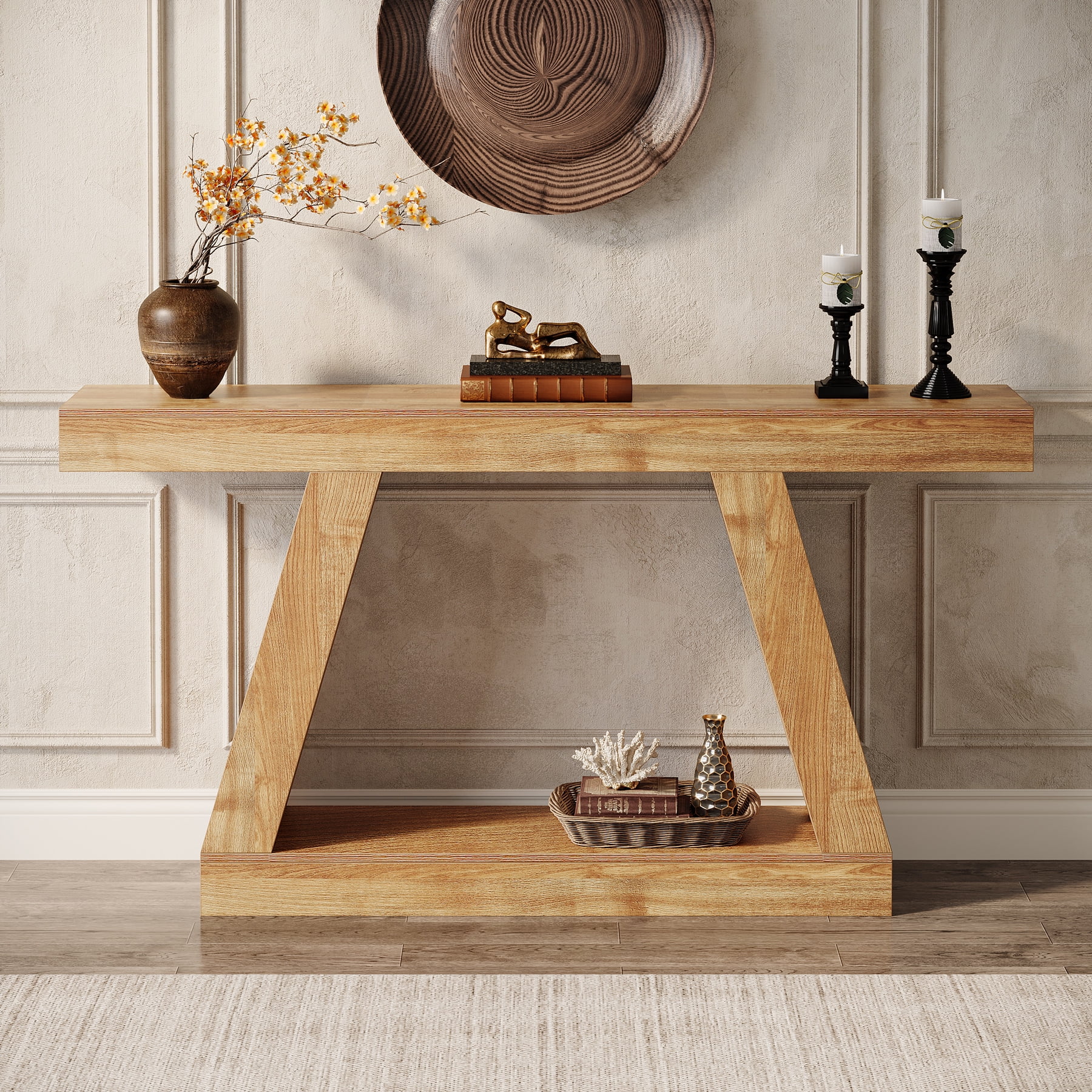 Finmind 55-Inch Farmhouse Console Table，2-Tier Wooden Entryway Table for Hallway, Natural
