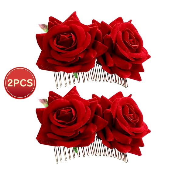 Red Rose Hair Clips, Floral Hair Accessories for Wedding Party and Festival Costumes, 2 Pack
