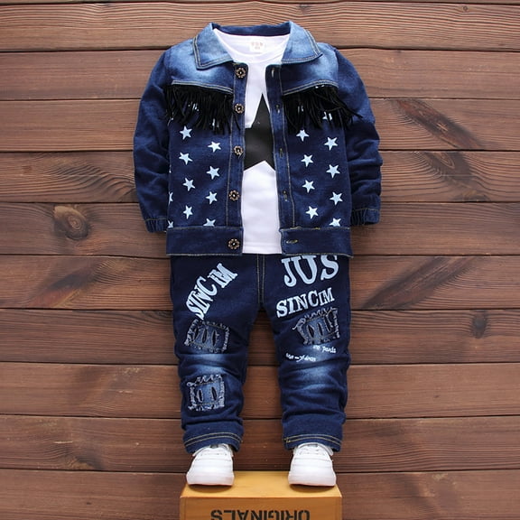 Trendfront Kids Fashion Denim Outfits Crew Neck Long-Sleeve Jacket Tee Shirt and Jeans Spring Autumn Outerwear 3-Piece Clothing Set