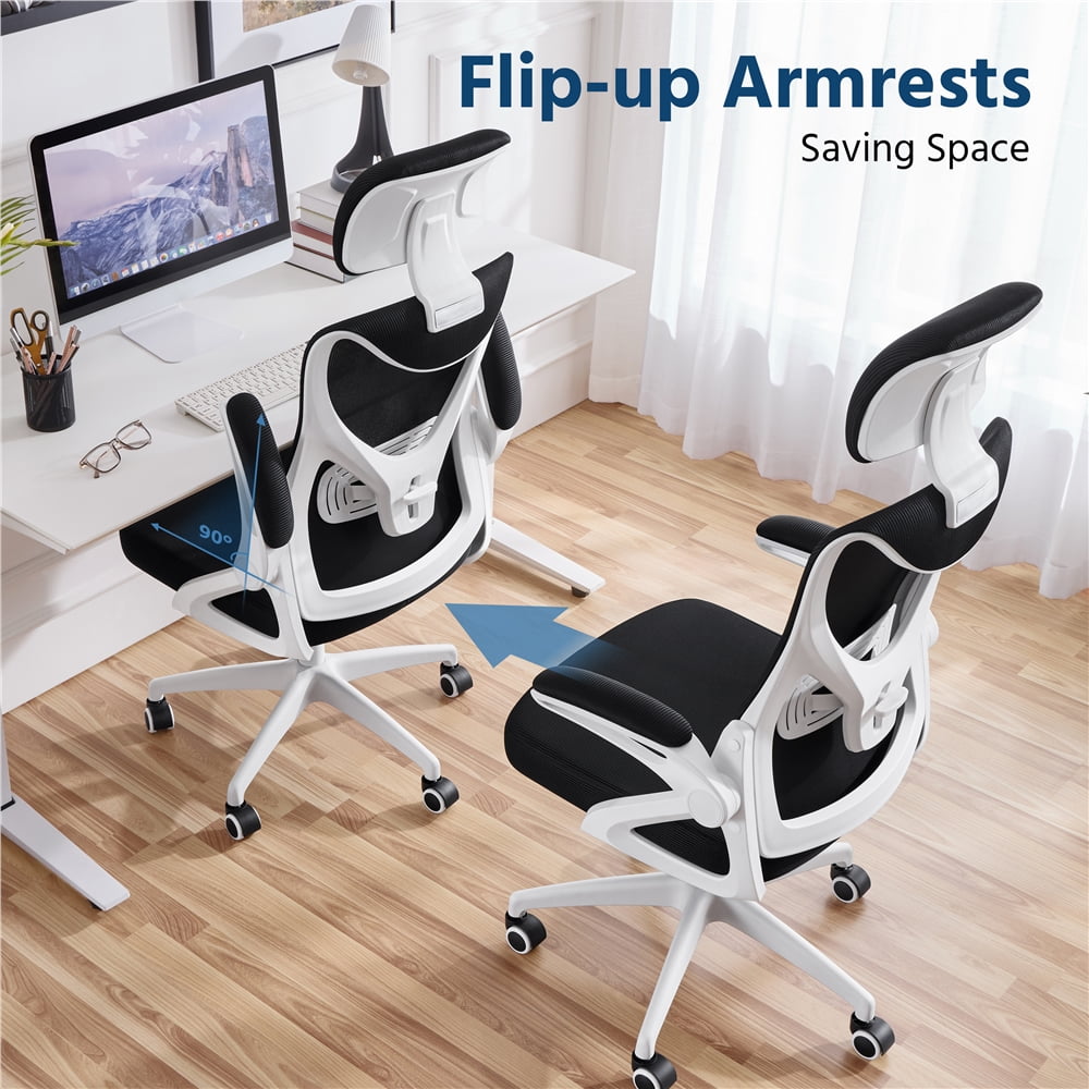 Yaheetech Adjustable High Back Mesh Office Chair with 90° Flip-up Armrest, White/Black