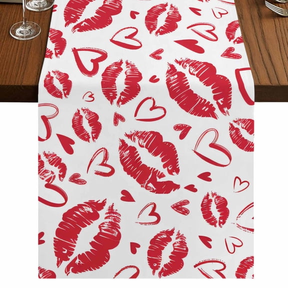 Table Runners 36 Inches Long Dress Scarves, Kiss Marks Farmhouse Kitchen Table Runner, Short Coffee Tablerunners, Valentine's Day Lips Print Love Red Vintage 13x36 Inch