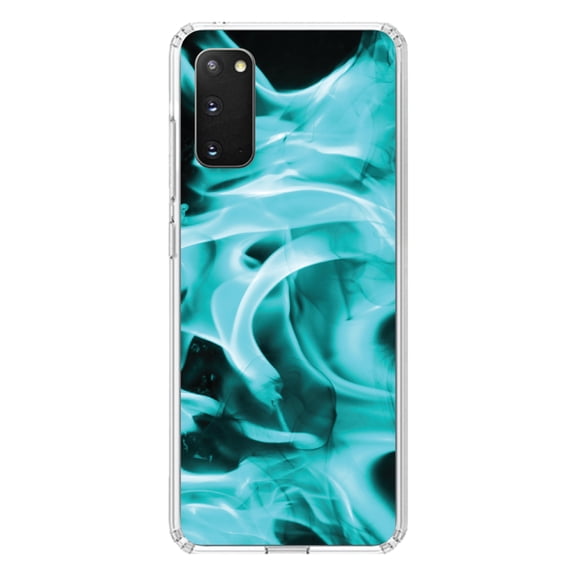DistinctInk Clear Shockproof Hybrid Case for Galaxy S20 ULTRA / 5G (6.9" Screen) - TPU Bumper, Acrylic Back, Tempered Glass Screen Protector - Teal Black Flame Fire - Printed Image of Fire