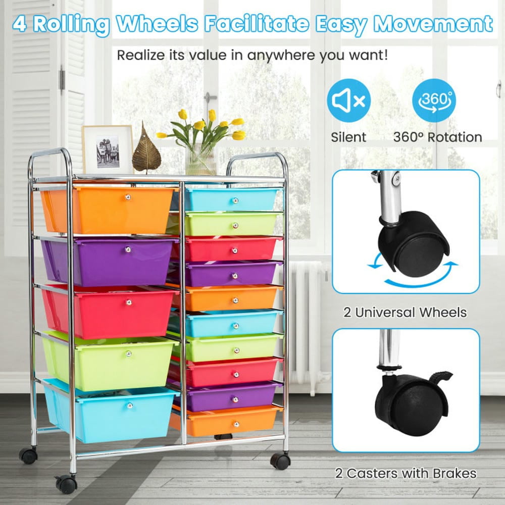 Canddidliike 15-Drawer Utility Rolling Organizer Cart Multi-Use Storage-Multicolor, Craft Storage, Multipurpose Organizer Cart for Home, Office, School