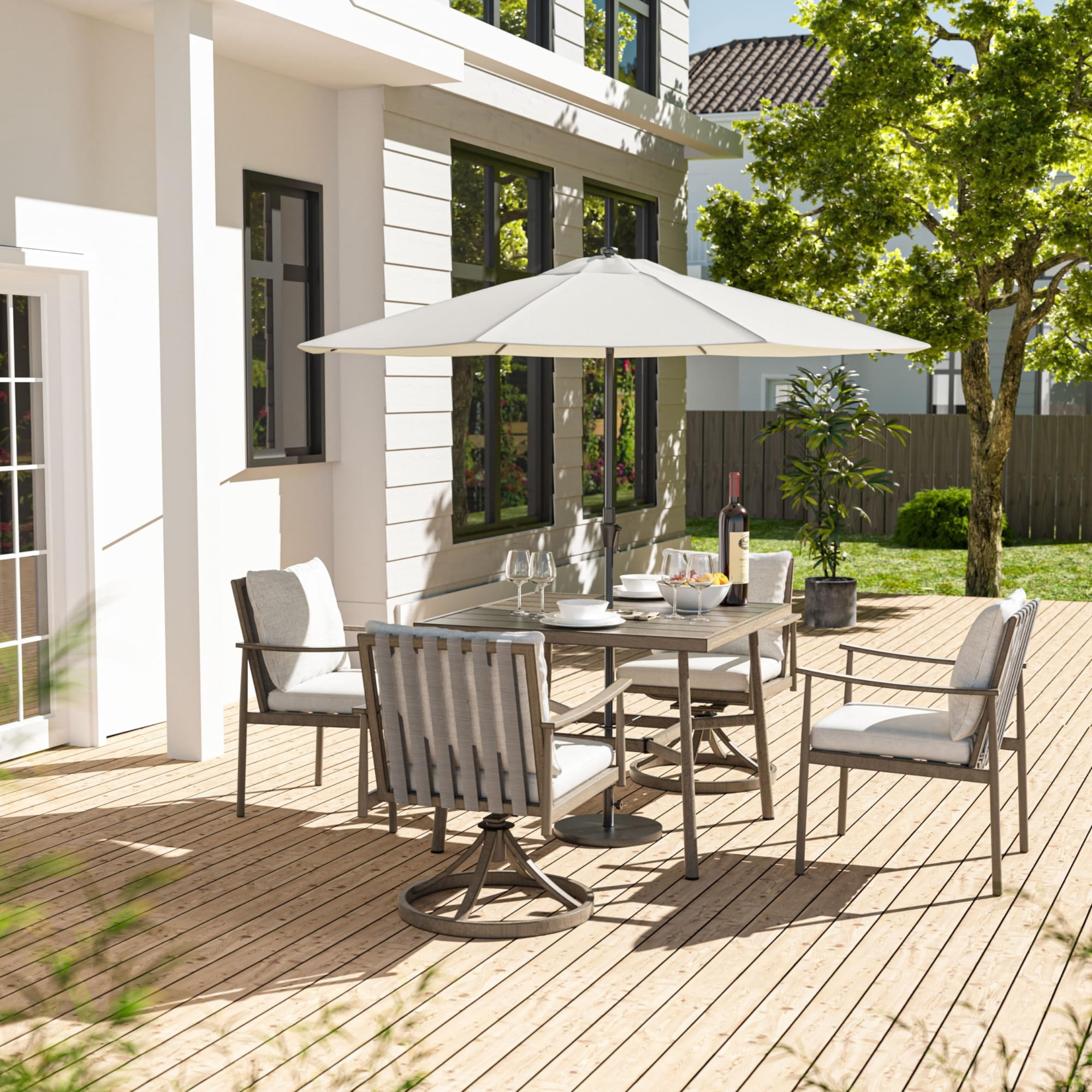 Patio Table for 4 Aluminum Outdoor Dining Table Square with Umbrella Hole Modern All Weather Table for Backyard Garden Deck Poolside, Grey