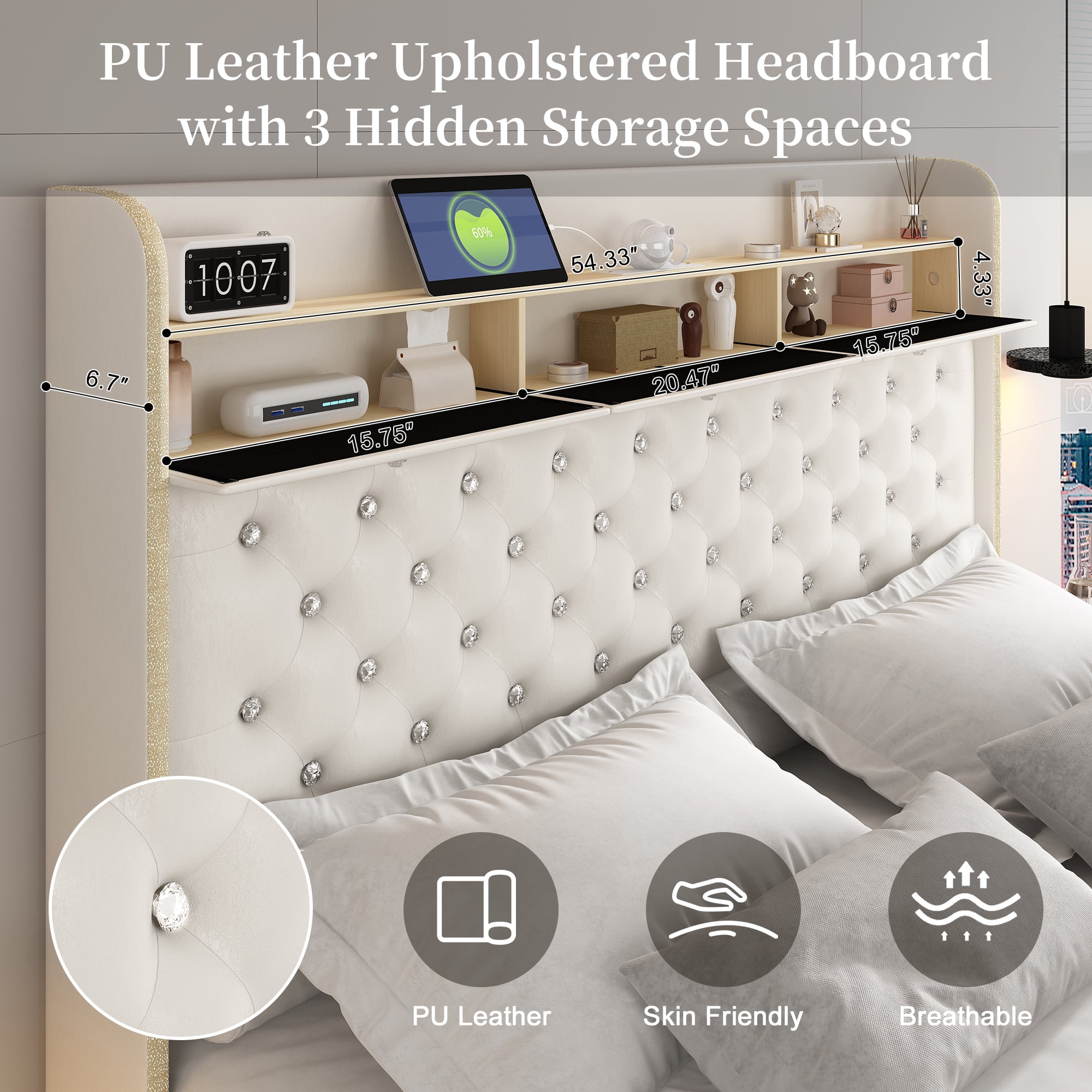 SIBEDS Full LED Bed Frame with Galaxy Projector, Charging Station, 52" Headboard & 2 Drawers, White
