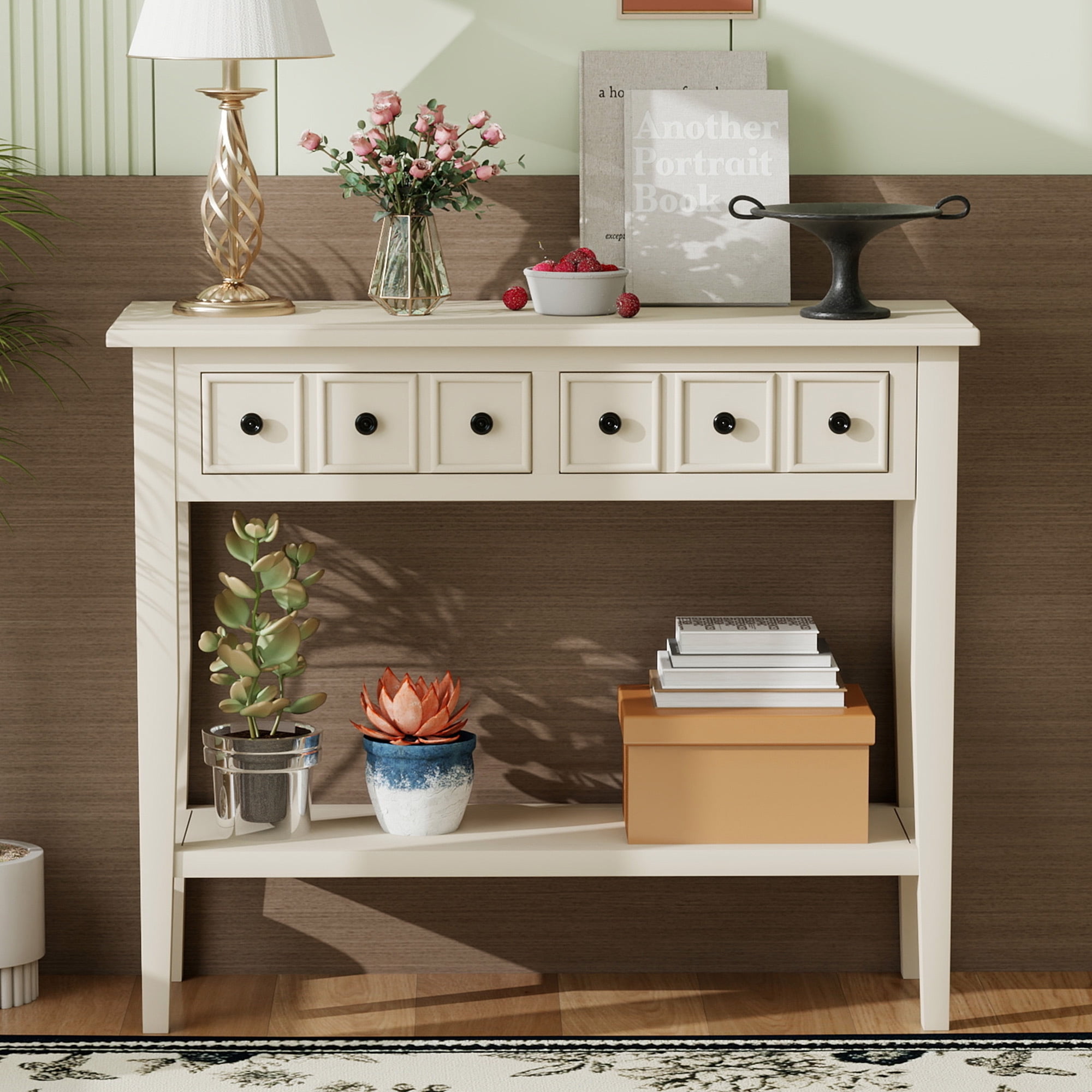 EUROCO 38.2" Console Table,Sofa Table Entryway Table with Rubber Wood Legs,2 Drawers and Open Shelf,Rustic Hallway Accent Table for Living Room, Entrance,Light Tan
