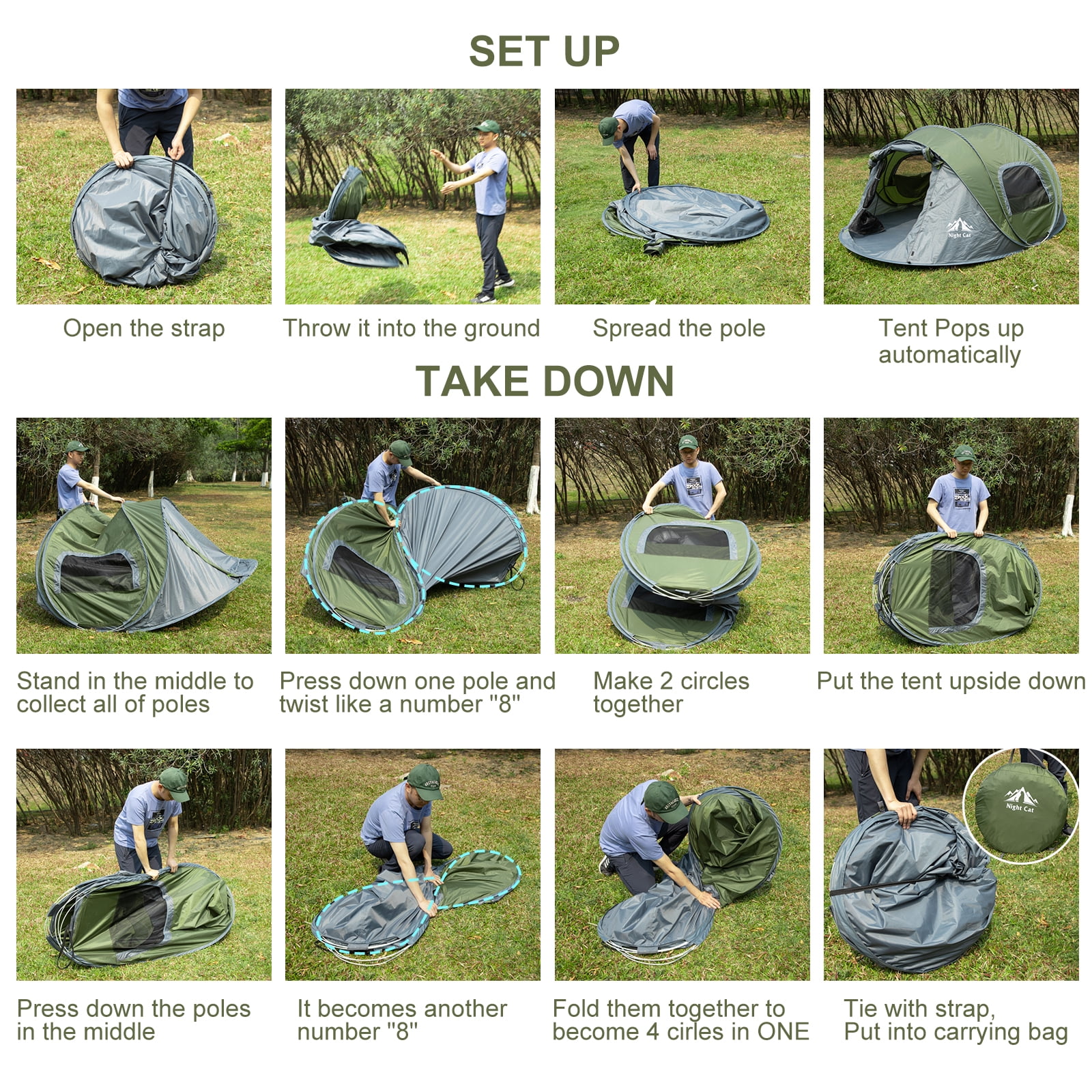 Night Cat Pop-Up Camping Tent with Instant Setup, 2-3 Person Tent Family Hiking
