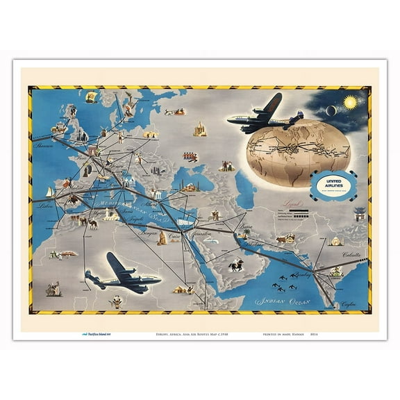 Europe Africa Asia United Airlines Routes Map - Vintage Airline Travel Poster c.1948 - Master Art Print (Unframed) 9in x 12in