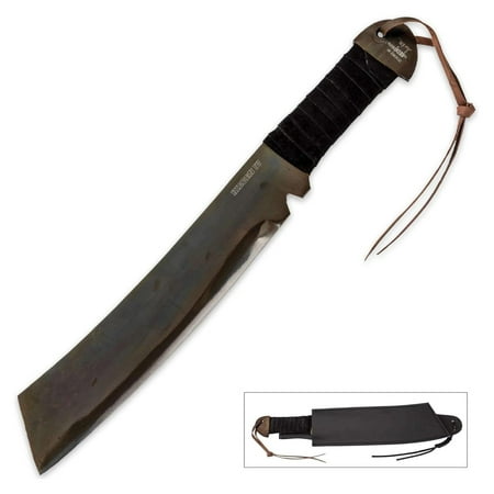 IV Machete Knife with Leather Sheath - One Solid Piece Heat Forged 1090 Carbon Steel Weathered Blade Finish Black Cord-Wrapped Handle - Rugged Machete for Practical Use - 18 1/4 Overall