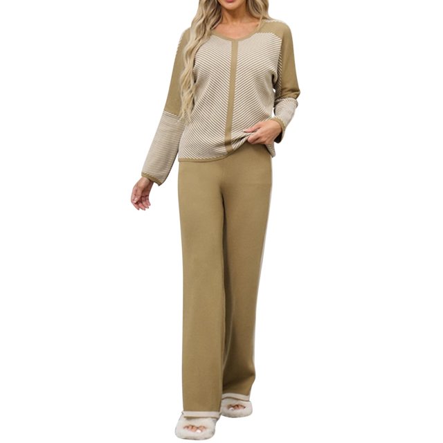 Timegard Fall Outfits for Women 2 Piece Comfy Color Block Long Sleeve Crew Neck Tops Wide Leg Pants Sets